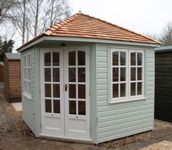 Cambridgeshire Corner 99 Summerhouse 8ft 8in x 8ft 8in (2.6m x 2.6m) painted finish & cedar roof
